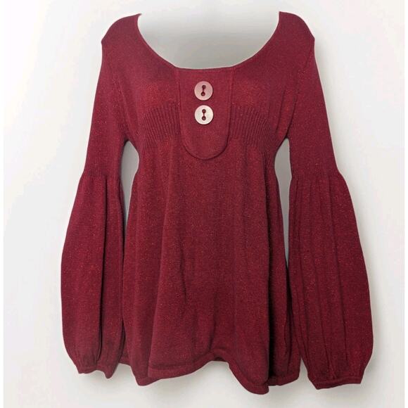 Mixit Red Metallic Woven Sweater Balloon Sleeve Ribbed Button Holiday Size XL - Picture 1 of 6